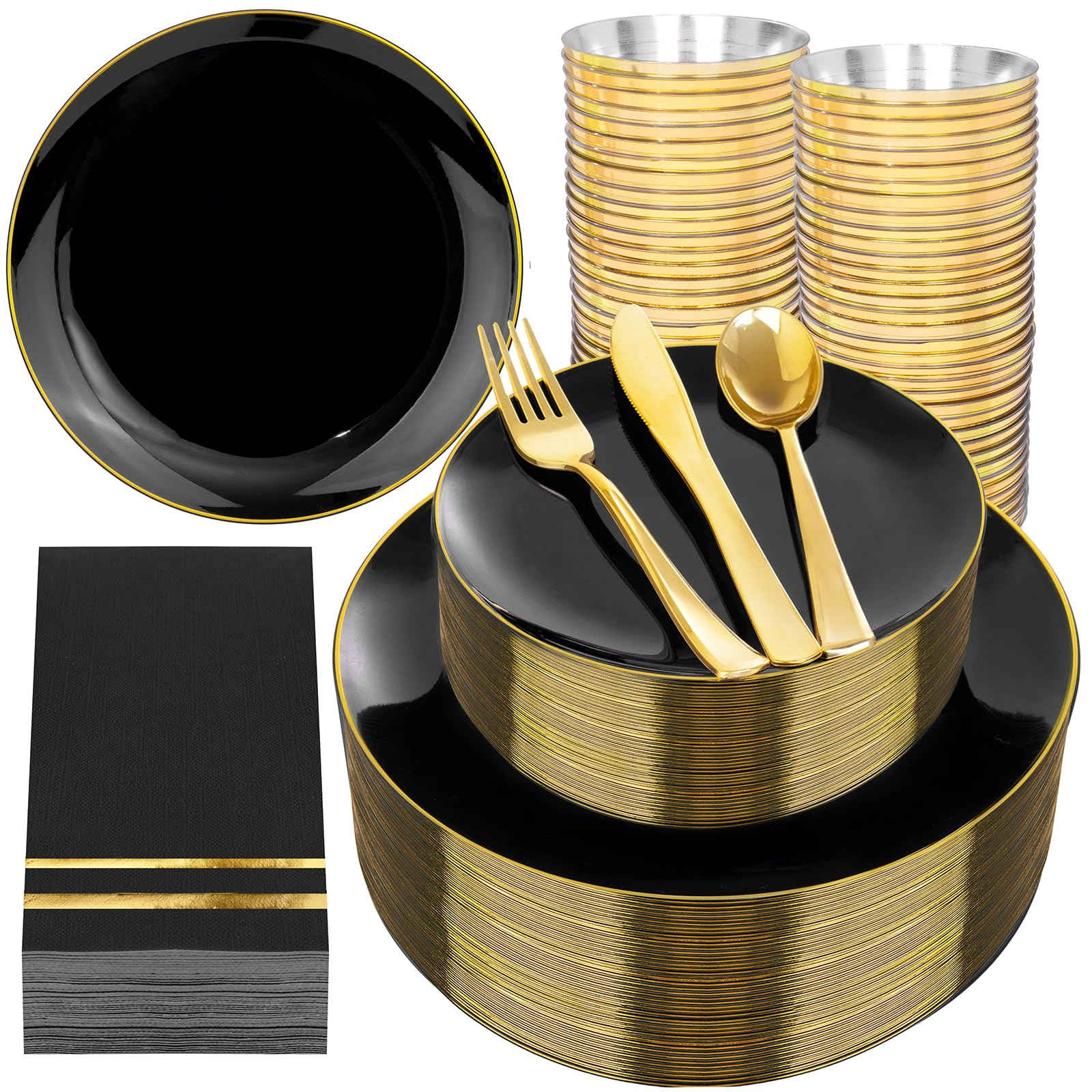 NOCCUR 350PCS Black and Gold Plastic Plates - Black Disposable Dinnerware Set for 50 Guests, 100 ... | Amazon (US)
