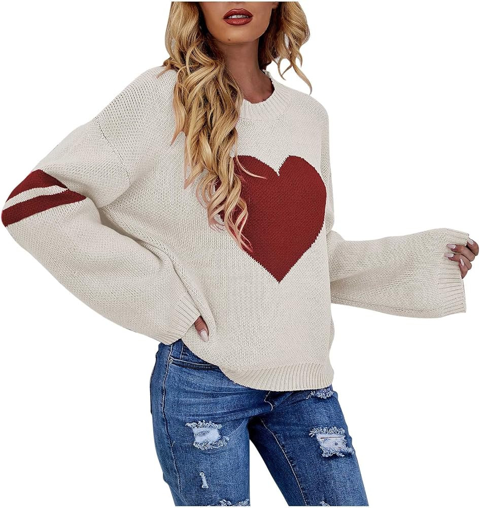 2023 Valentine's Day Sweater for Women Loose Casual Long Sleeve Crewneck Knit Pullover Heart Prin... | Amazon (US)