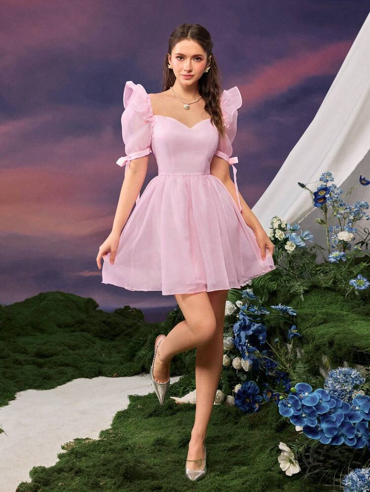 Faeriesty Princess Beauty Heart Neckline Puff Sleeve Bow Accent A-Line Dress For Spring & Summer ... | SHEIN