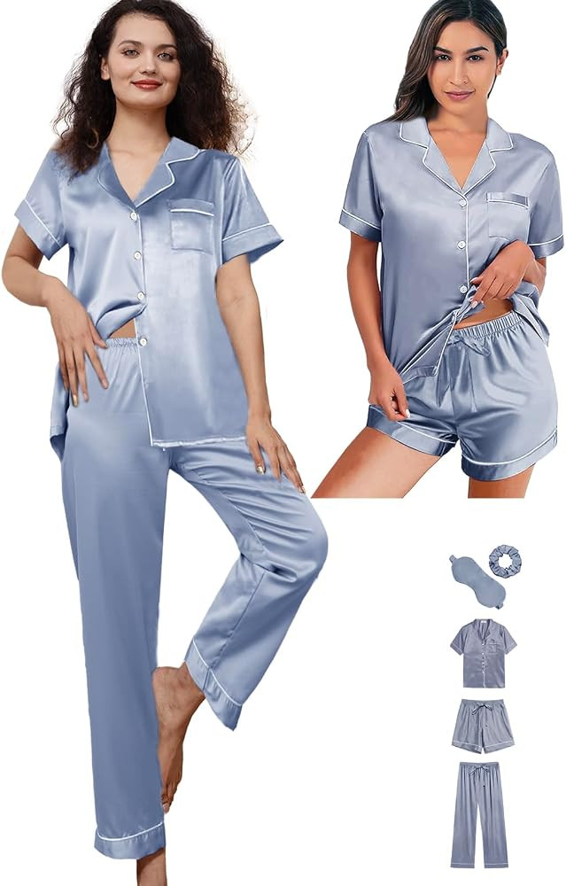 5Pcs Womens Silk Satin Pajamas Sets XS-XXL Short Pj Sets Button Down Pjs Set Sleepwear Loungewear | Amazon (US)