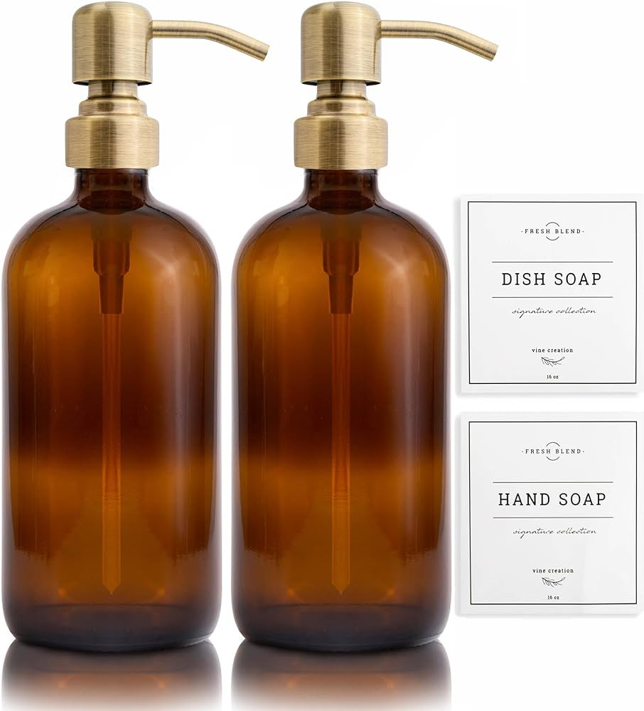 Vine Creations Amber Glass Soap Dispenser, 2 Pack Kitchen Soap Dispenser Set with Stainless Steel... | Amazon (US)