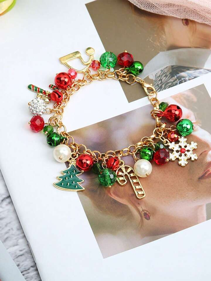 1pc Christmas Bell, Christmas Tree, Candy & Faux Pearl Charms Bracelet | SHEIN USA | SHEIN