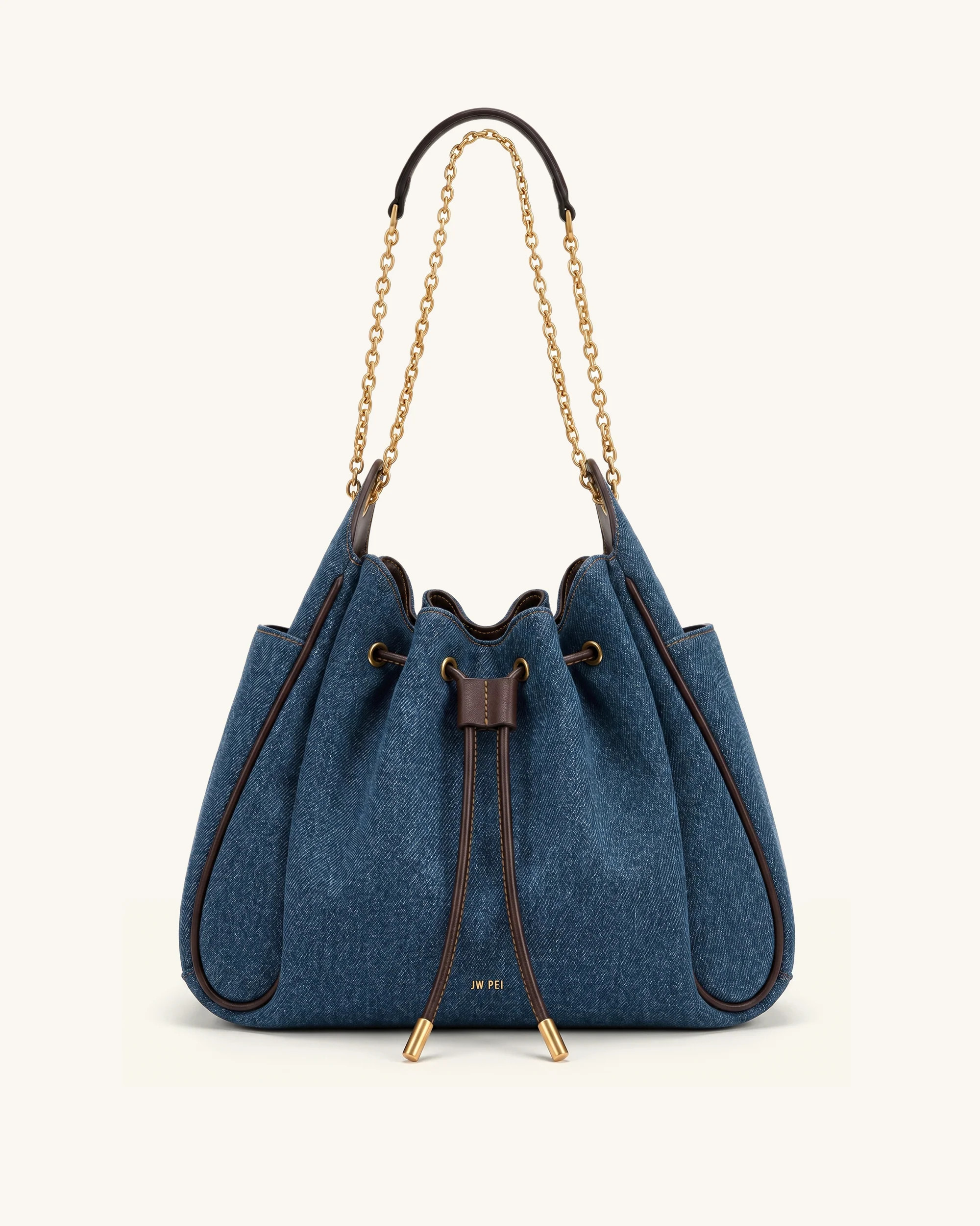Rowan Ruched Drawstring Chain Bucket Bag - Dark Blue Denim | JW PEI US