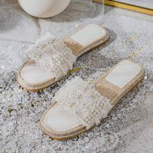 Womens Open Toe Pearl Slip On Beach Slide Sandal Fashion Flat Sandals On Summer | SHEIN