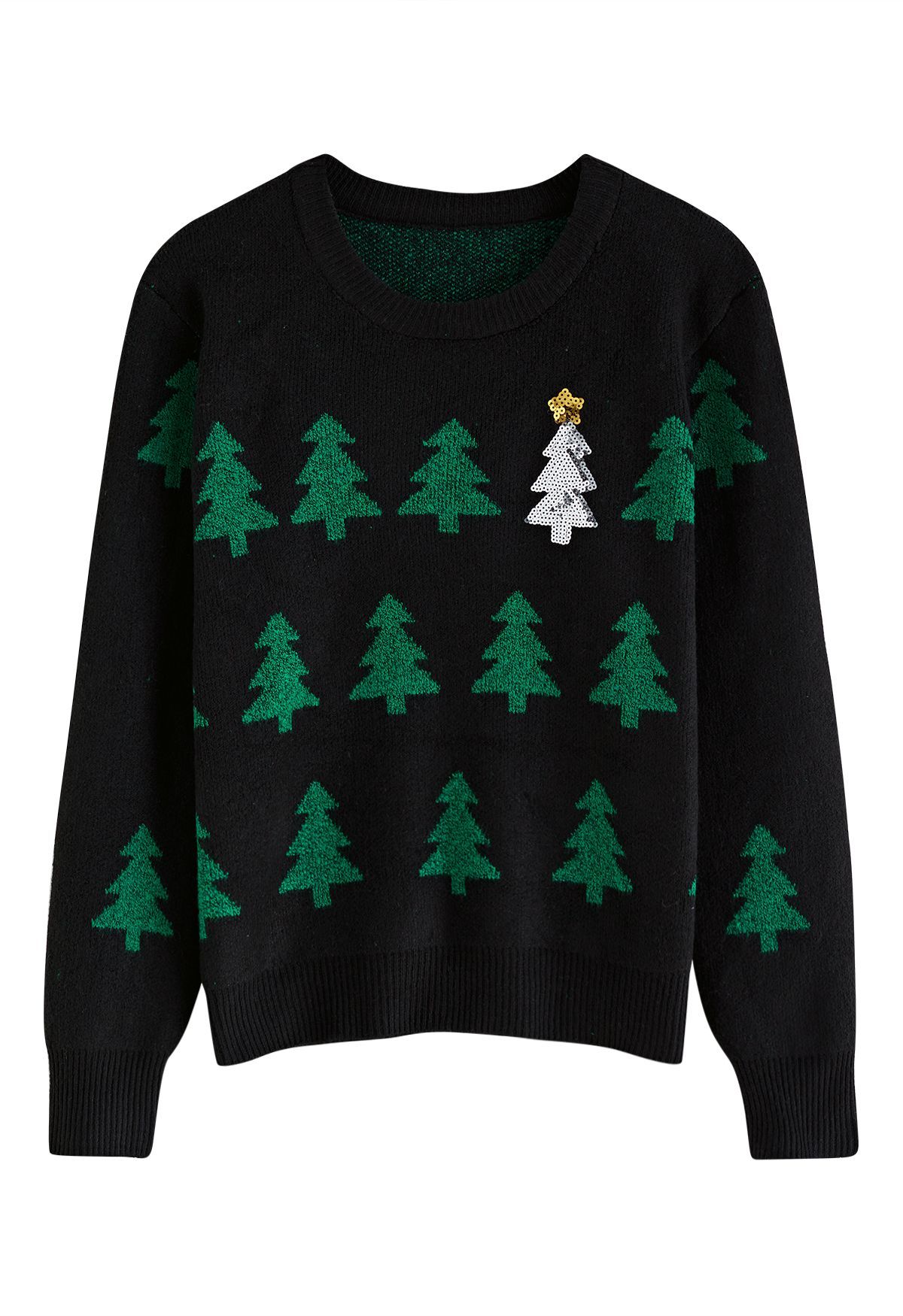 Sequined Christmas Tree Knit Sweater in Black | Chicwish