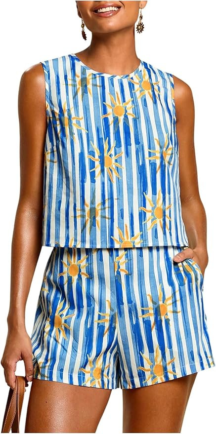 MakeMeChic Women's Tropical Vacation Outfits 2 Piece Set Summer Striped Sleeveless Crop Tops Shor... | Amazon (US)