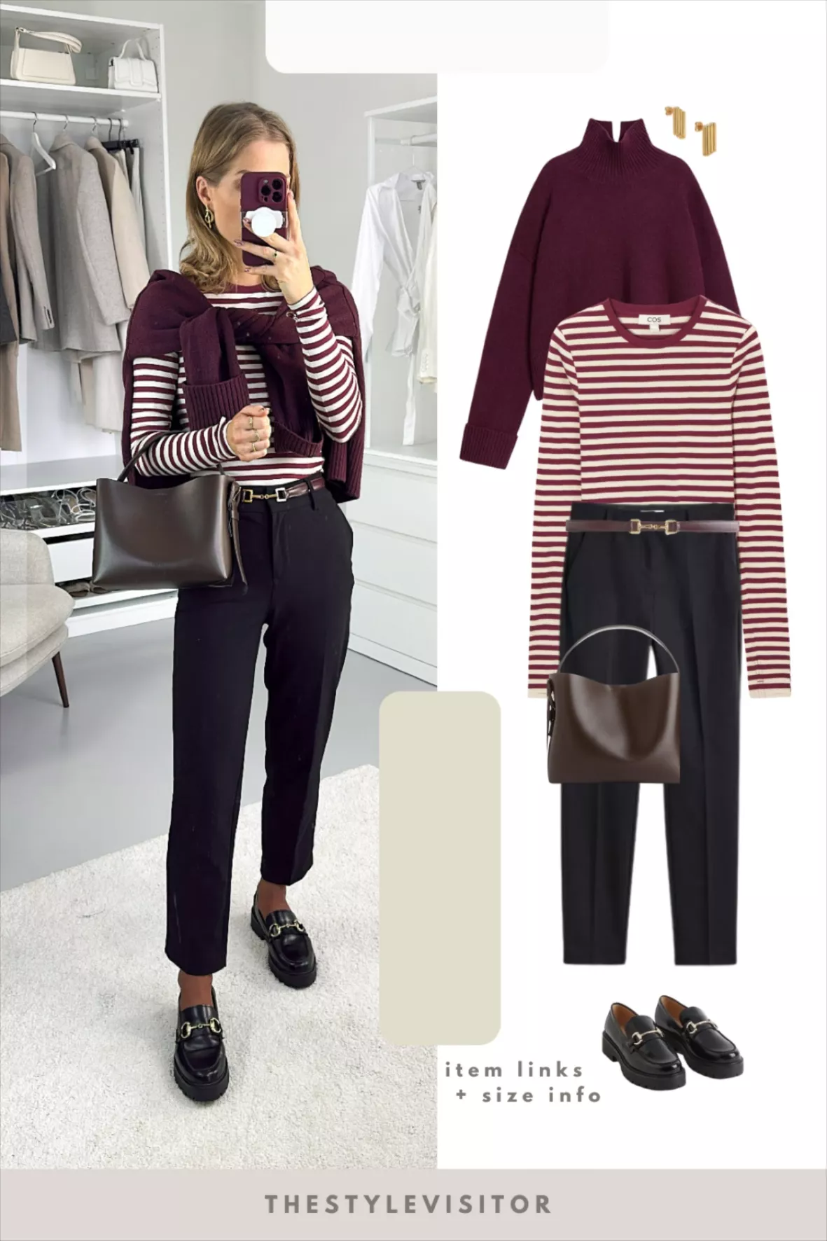 Stylish outfit inspiration with a burgundy sweater, pants, and