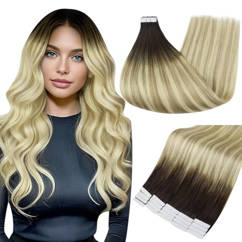 Full Shine Tape Hair Extensions 16 Inch Dark Brown Roots Color 2 Fading to 18 Ash Blonde Highlight with Color 60 Blonde Seamless Tape in Hair Extensions Real Hair Extensions 50gram 20 PCS Add Volume | Amazon (US)