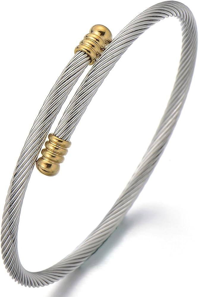 COOLSTEELANDBEYOND Thin Stainless Steel Twisted Cable Cuff Bangle Bracelet for Mens for Women | Amazon (US)