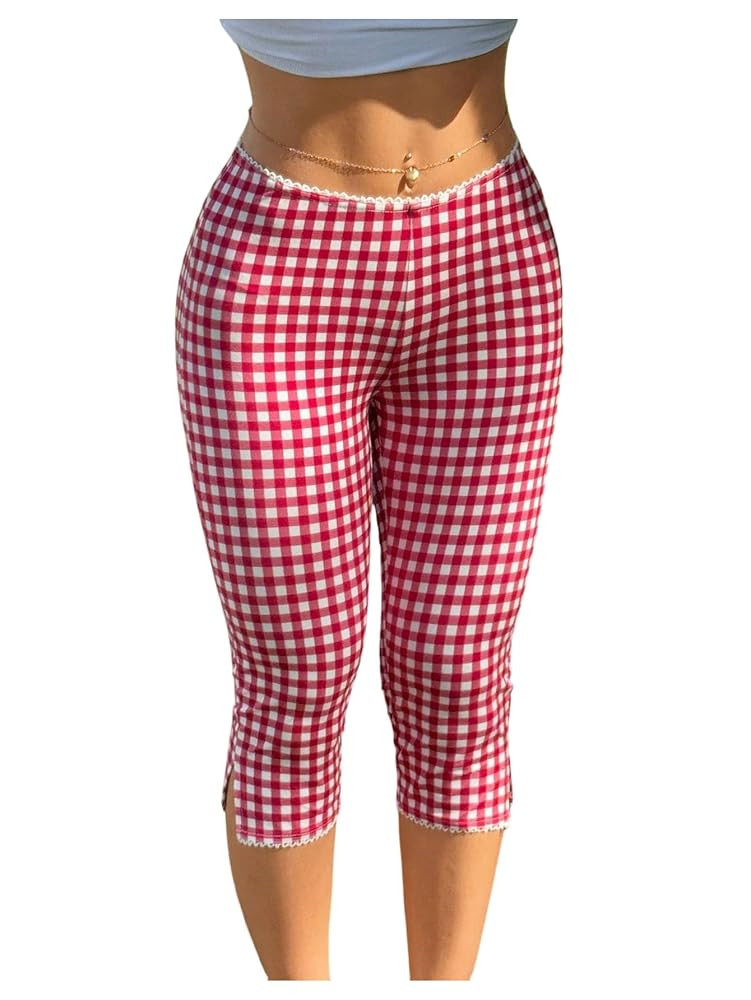 Women’s Gingham Split Leggings Lace Low Rise Elastic Waist Skinny Capri Pants | Amazon (US)