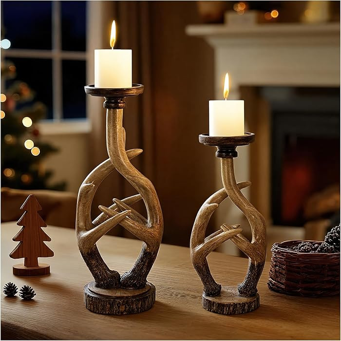 Scenekoy Vintage Antler Candle Holder Set of 2, Large & Medium Farmhouse Candlestick Holders for ... | Amazon (US)