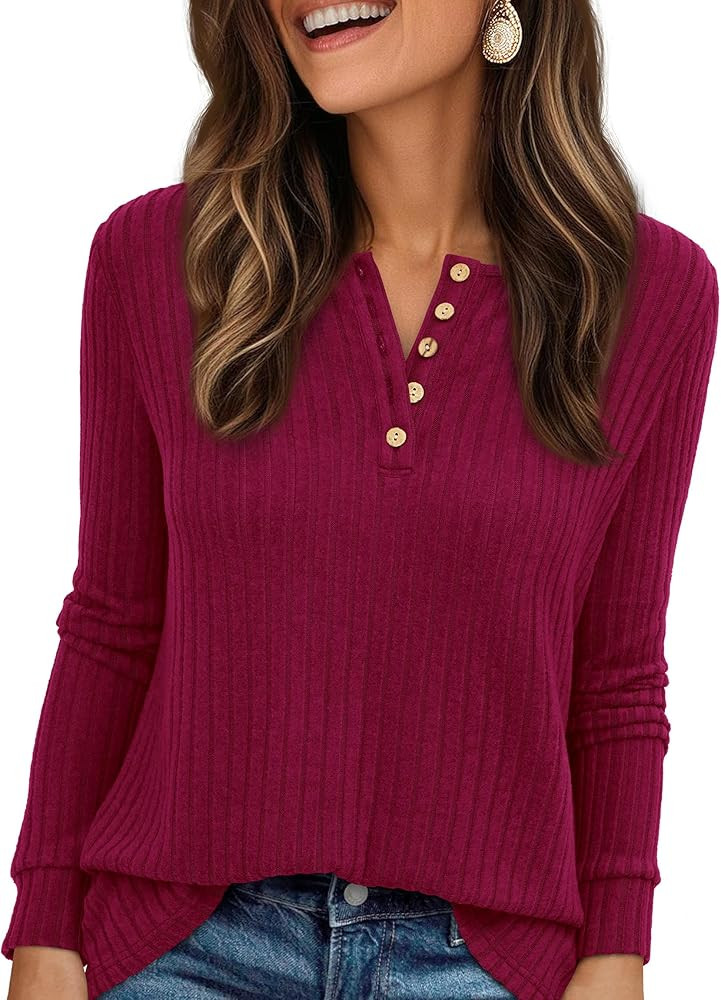 PRETTYGARDEN Women's Long Sleeve Henley Shirts 2025 Fall Casual Ribbed Tunic Tops Lightweight Swe... | Amazon (US)