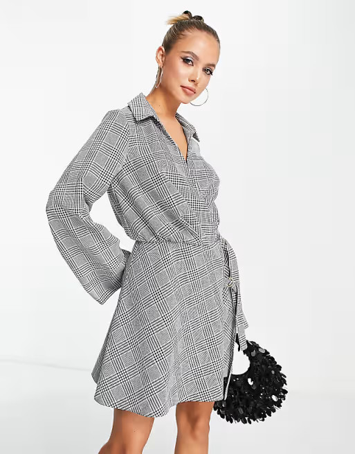ASOS DESIGN collared wrap mini dress with D-ring tie detail in mono plaid | ASOS (Global)