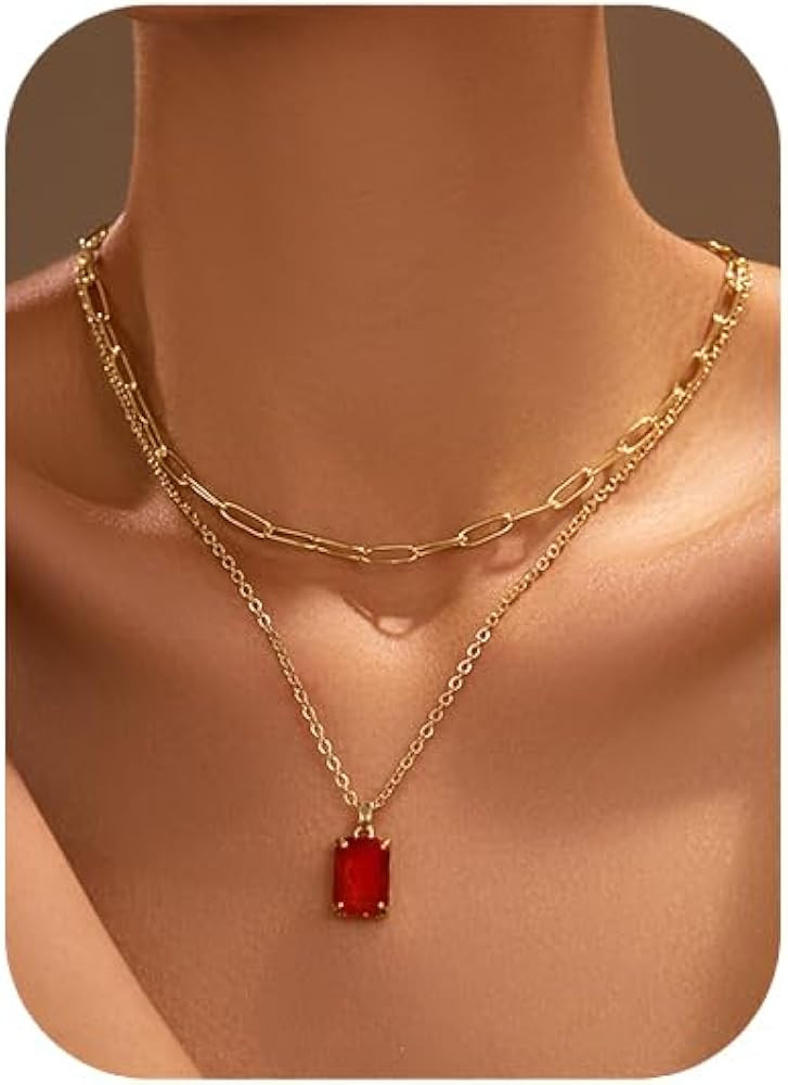 Gold Layered Pendant Necklaces for Women 14k Gold Plated Crystal Choker Necklace Paperclip Rhines... | Amazon (US)