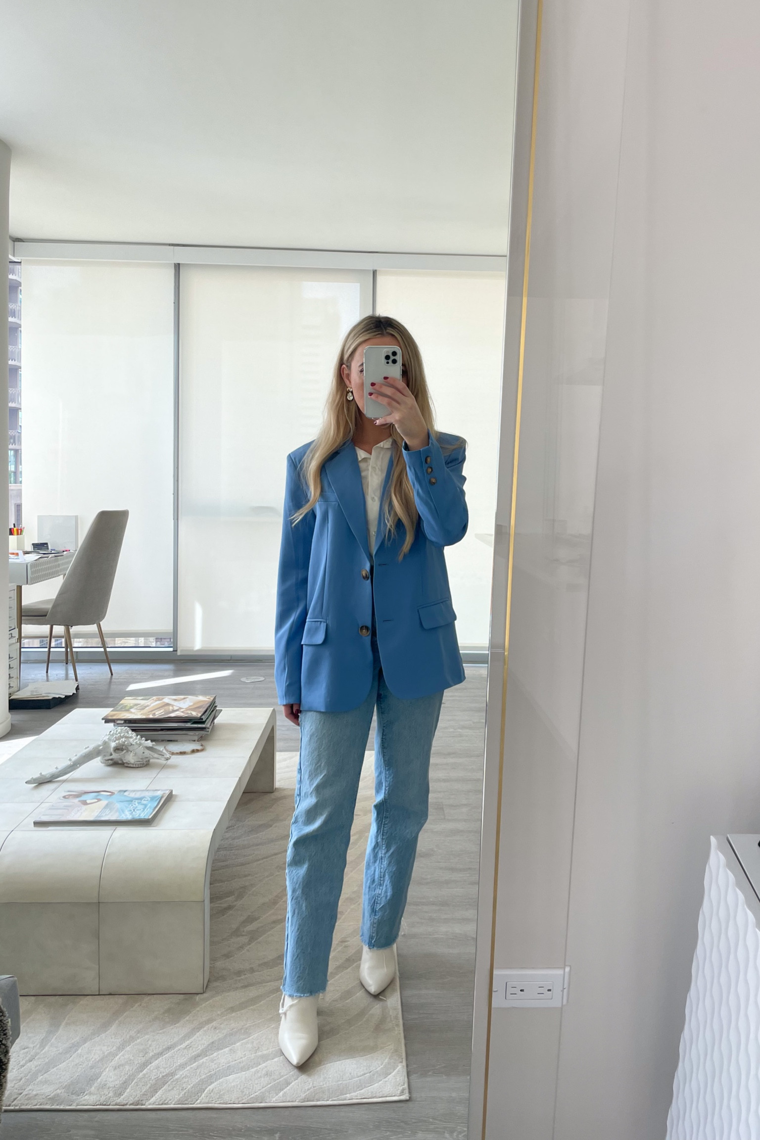 blazers under 100
business casual. office look. workwear. smart casual 


White boots, straight leg jeans, silk button down, revolve top, blue blazer 
#LTKunder100 

#LTKstyletip #LTKworkwear