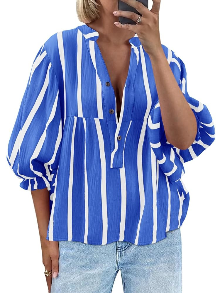 Tankaneo Womens Puff Sleeve Babydoll Tops Summer V Neck Striped Blouse Cute Casual Loose Fit Flow... | Amazon (US)