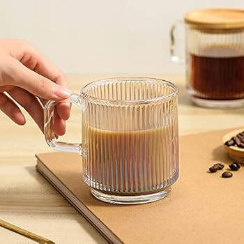 Lysenn Iridescent Glass Coffee Mug with Lid - Premium Classical Vertical Stripes Glass Tea Cup - ... | Amazon (US)
