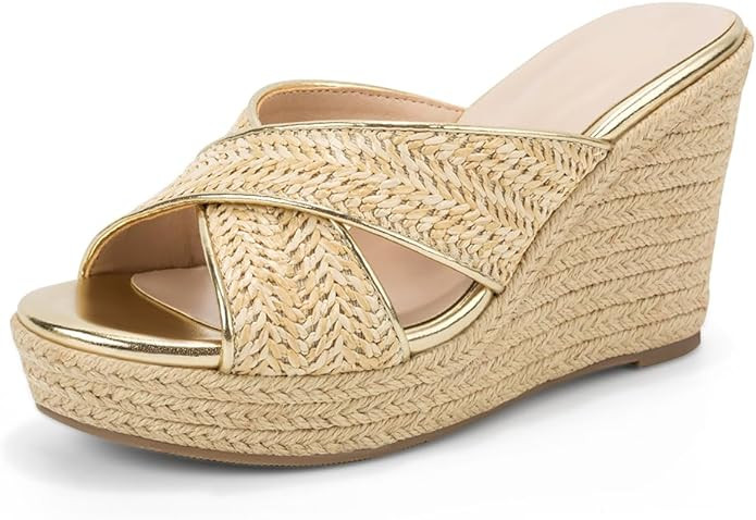 Women's Wedge Slides -Sandals - espadrilles raffia sandals -summer Open Toe platform Slip On high... | Amazon (US)
