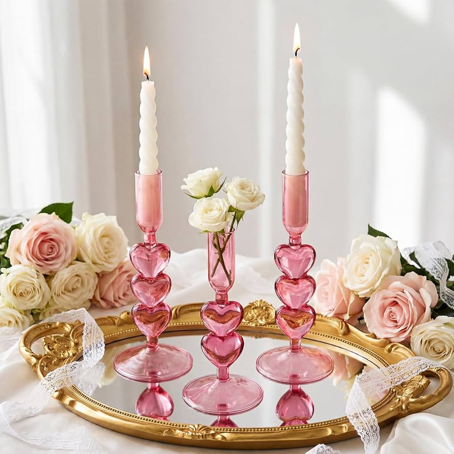 Yungyan 3 Pcs Valentine's Day Pink Glass Candlestick Holders, Heart Glass Taper Candle Holder, Va... | Amazon (US)