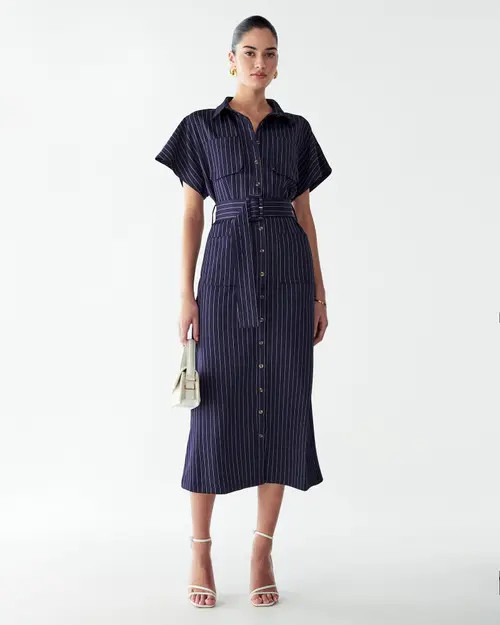 WILLA Wichita Midi Dress in Navy Pinstripe at Nordstrom, Size 2 | Nordstrom
