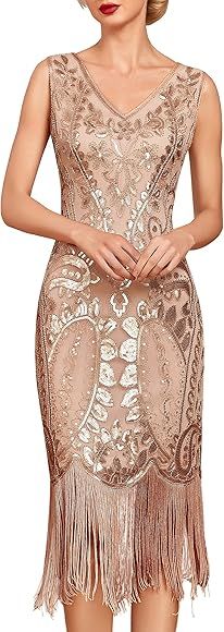 kayamiya Women's Flapper Dresses 1920s Sequin Fringed Paisley V Neck Great Gatsby Dress Roaring 2... | Amazon (US)