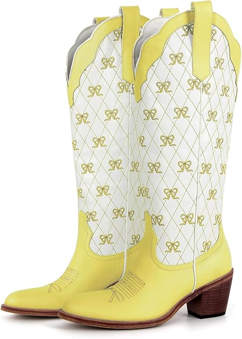 MissHeel Mini Bows Knee High Cowgirl Boots White Cowboy Boots for Women | Amazon (US)