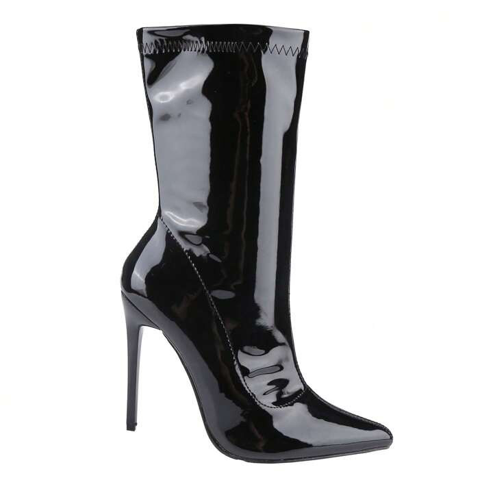 TrendsILLUDE Women's Patent Leather PU Mid-Calf Boots Pointy Toe Side Zippe Fashion Comfy Sexy Ki... | SHEIN