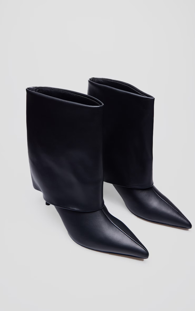 Black PU Point Toe Fold Over Low Heeled Ankle Boots | PrettyLittleThing US