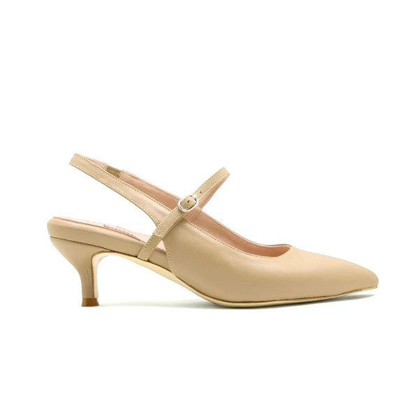 Bossy Beige Leather Mary Jane Slingback Kitten Heel | ALLY Shoes