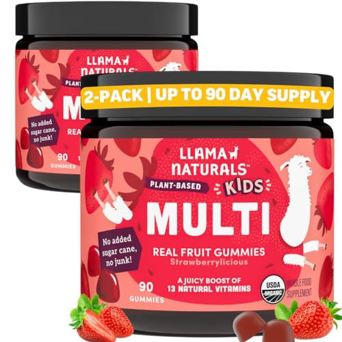 Llama Naturals Kids Multivitamin Gummies, Vegan, Organic with Vitamin D, C & K, Toddler Real Fruit Gummy Vitamins, Chewable Supplement, Whole Food Multivitamin, No Added Sugar Cane, Strawberry, 2 Pk | Amazon (US)