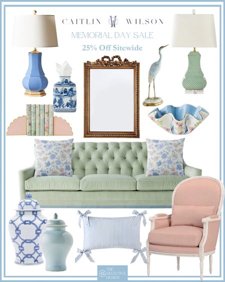 Caitlin Wilson Memorial Day sale picks. So many great deals on timeless home decor and furniture! 

Blue lamp, green lamp, timeless lamp, classic lamp, gold bow mirror, chinoiserie, bookends, Susan Gordon bowl, floral pillow, timeless chair, classic chair, pink chair, ginger jar, striped pillow, classic home decor, southern home decor, Grandmillennial home decor, green sofa, blue heron  

#LTKSaleAlert #LTKHome