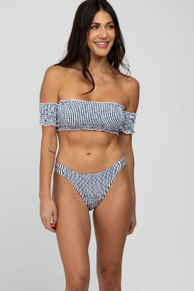 Navy Striped Off Shoulder Bikini Swim Set | PinkBlush Maternity