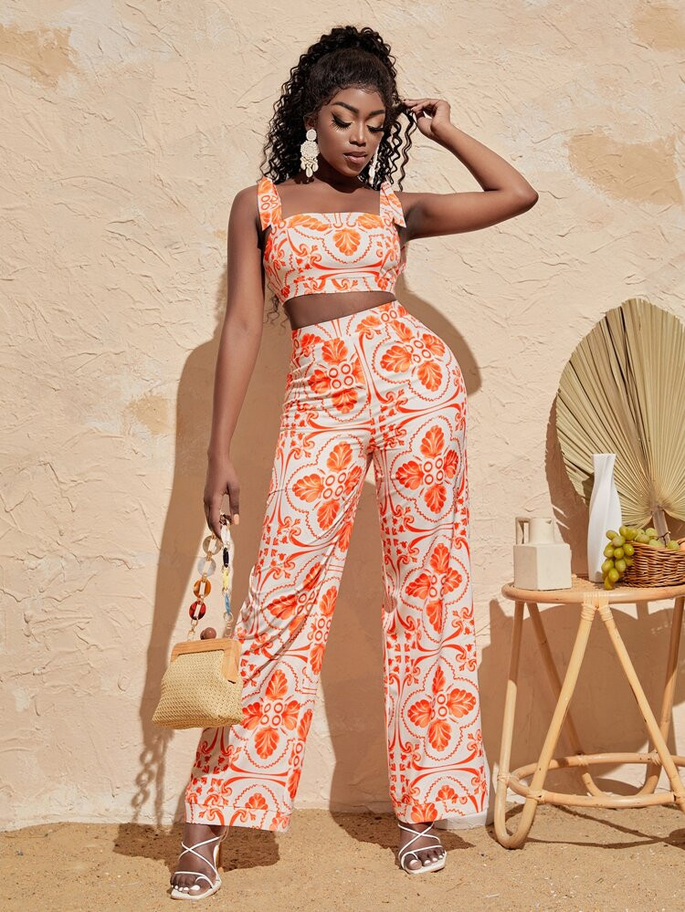 Floral Print Knot Shoulder Zip Back Crop Cami Top & Pants | SHEIN