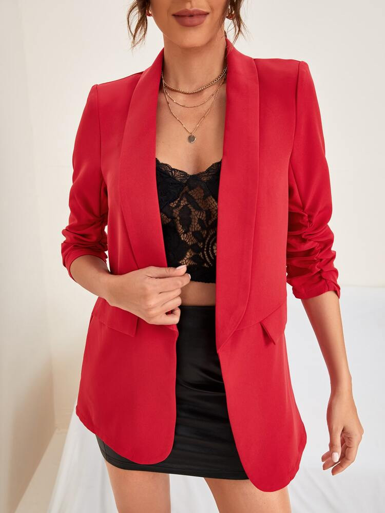 SHEIN Shawl Collar Gathered Sleeve Flap Detail Blazer | SHEIN