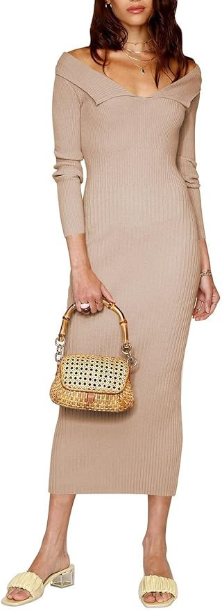 VamJump Women's 2023 Off Shoulder Midi Sweater Dress Long Sleeve Bodycon Ribbed Knit Dresses | Amazon (US)