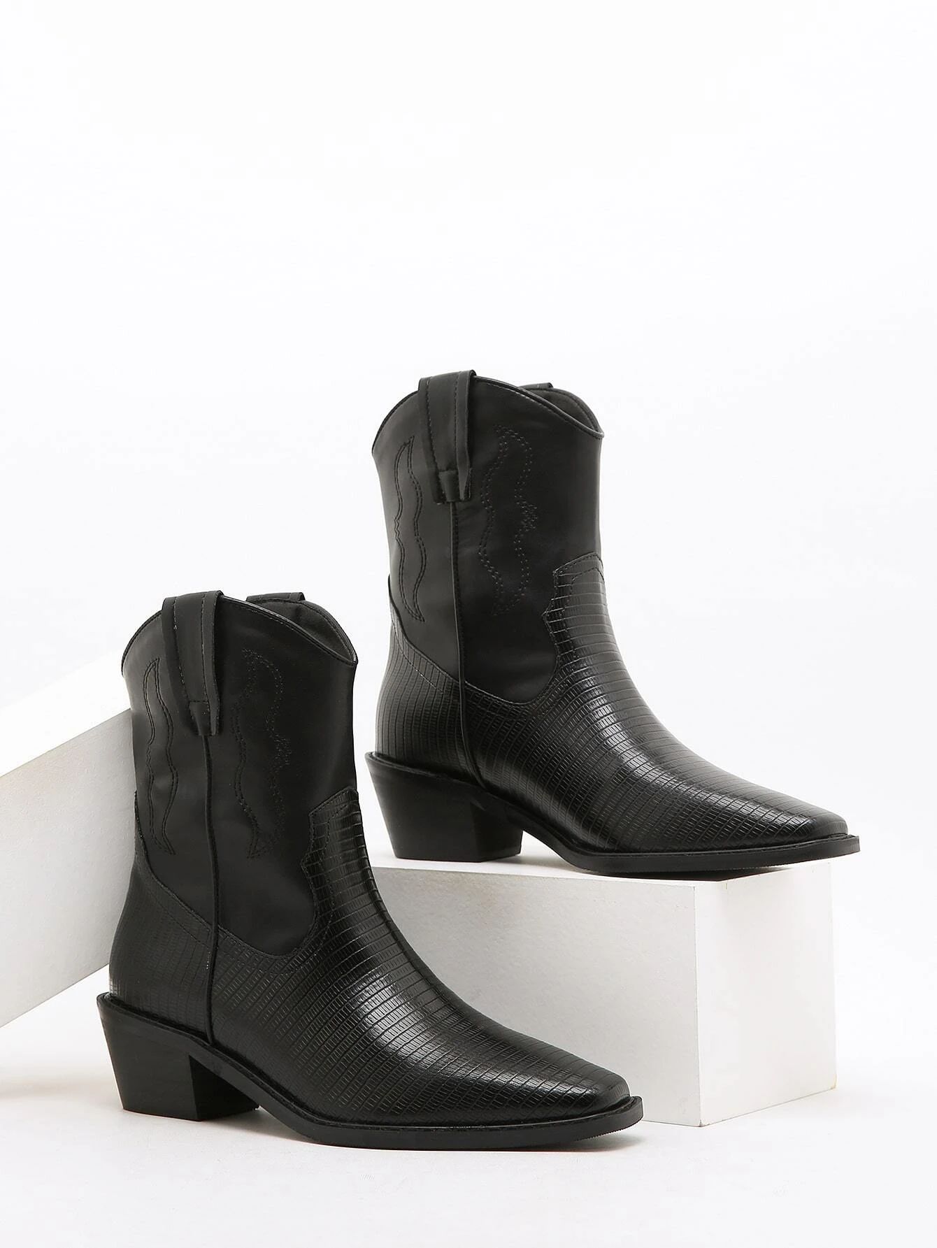 EMERY ROSE Minimalist Textured Chunky Heeled Western Boots | SHEIN