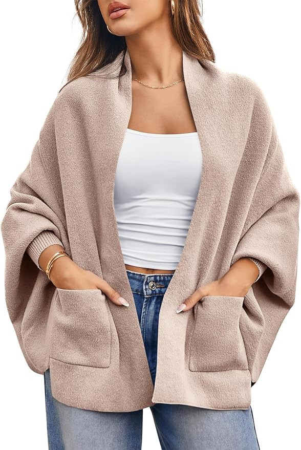 Saodimallsu Womens Open Front Cardigan Batwing Long Sleeve Shawl Chunky Knit Loose Fall Poncho Sw... | Amazon (US)