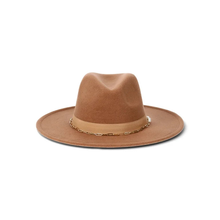 Time and Tru Women's Fedora with Chain and Pearlescent Bead Band, Cognac | Walmart (US)