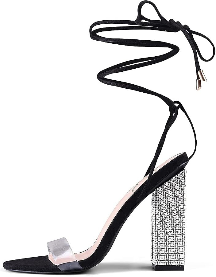 GENSHUO Sexy Strappy Rhinestone Chunky Sandals for Women 12cm/4.72inch Lace-up High Heels Transpa... | Amazon (US)