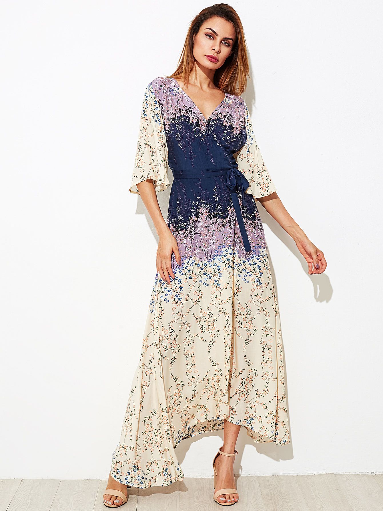 Flower Print Kimono Sleeve Surplice Wrap Dress | SHEIN