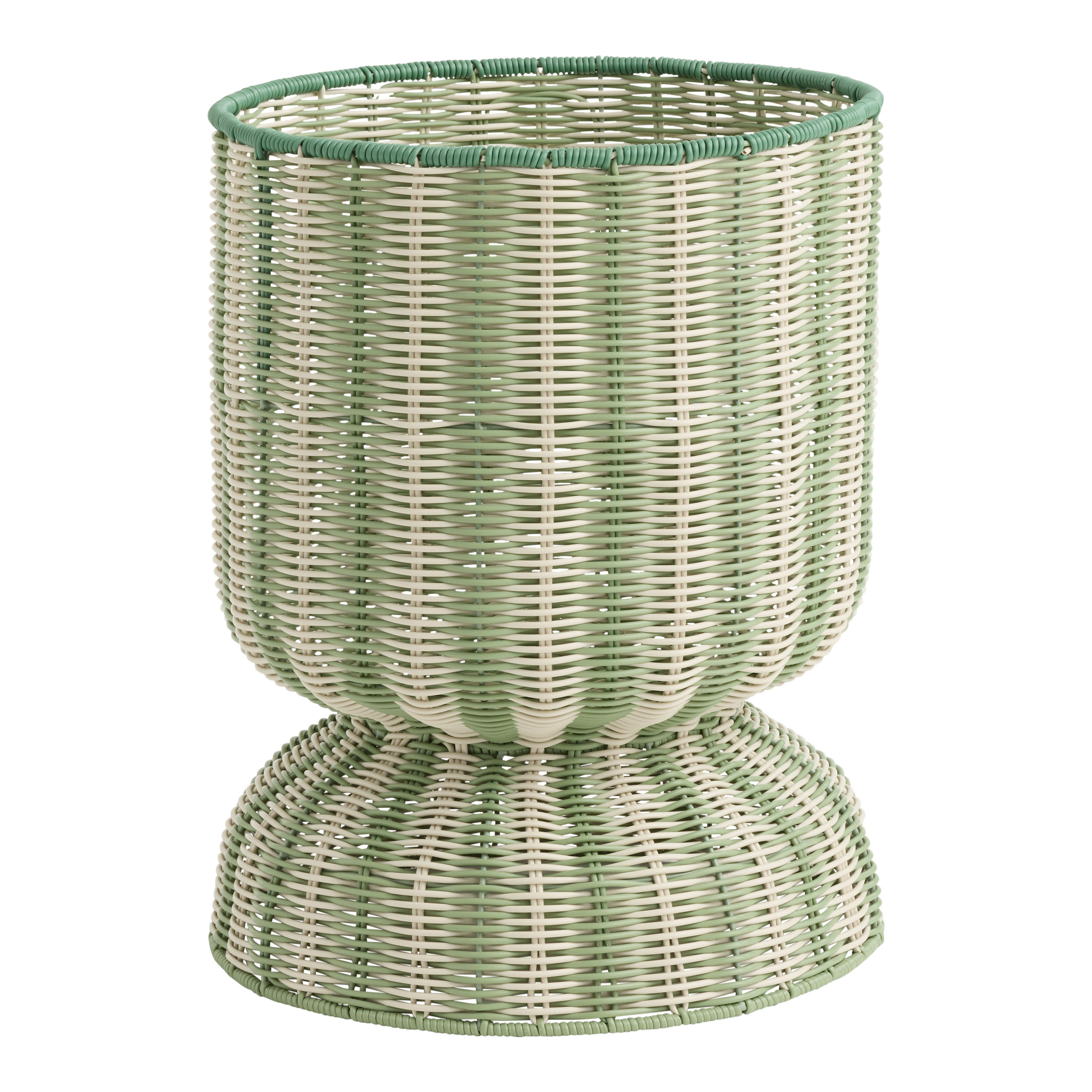 Green and White Faux Rattan Striped Pedestal Planter | World Market