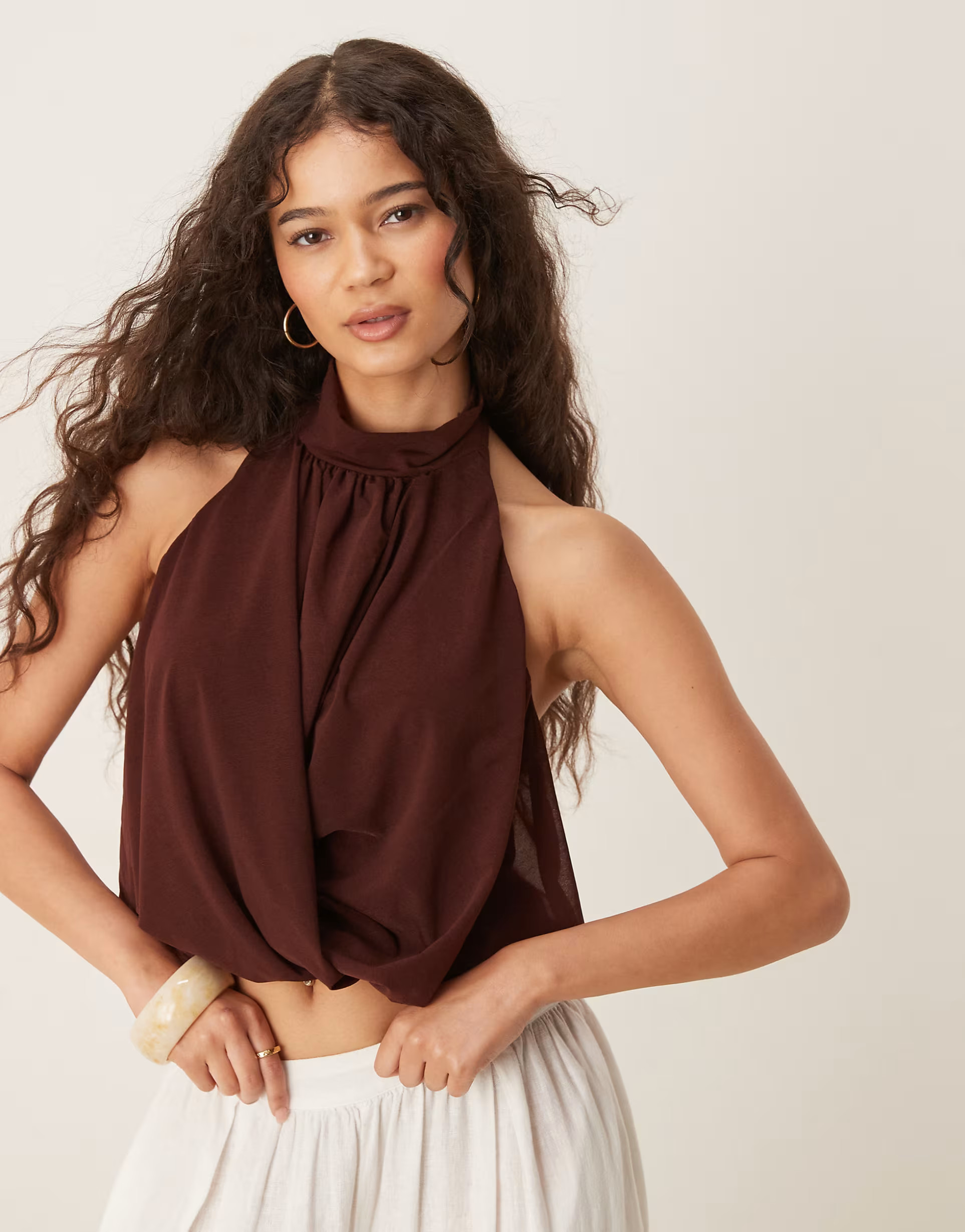 ASOS DESIGN drape halter neck top in chocolate | ASOS (Global)