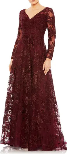 Beaded Floral Embroidered Long Sleeve A-Line Gown | Nordstrom