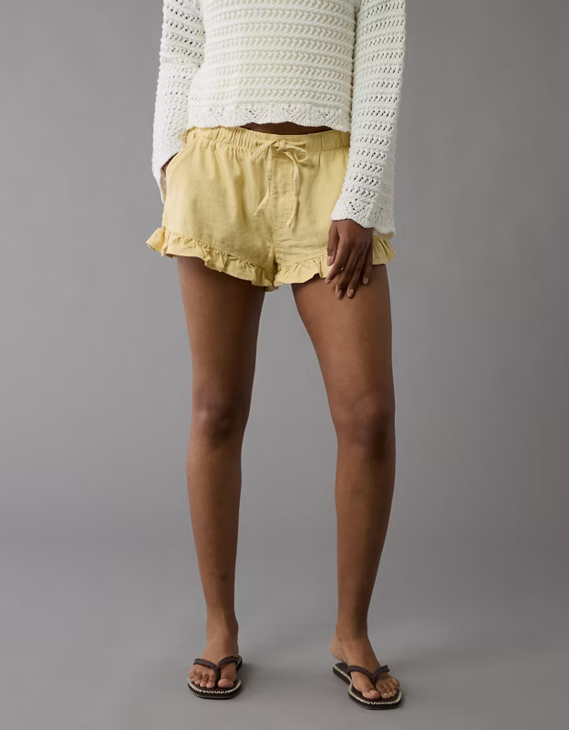 AE Stretch Linen-Blend Ruffle Short | American Eagle Outfitters (US & CA)