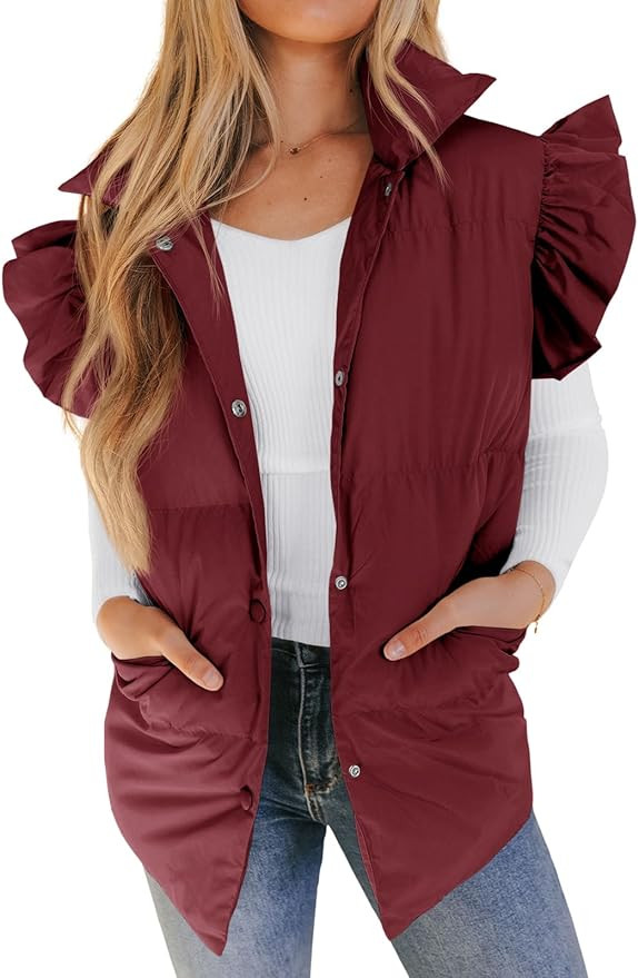 Valphsio Women's Ruffle Puffer Vests Winter Button Down Padded Gilet with Pocket | Amazon (US)