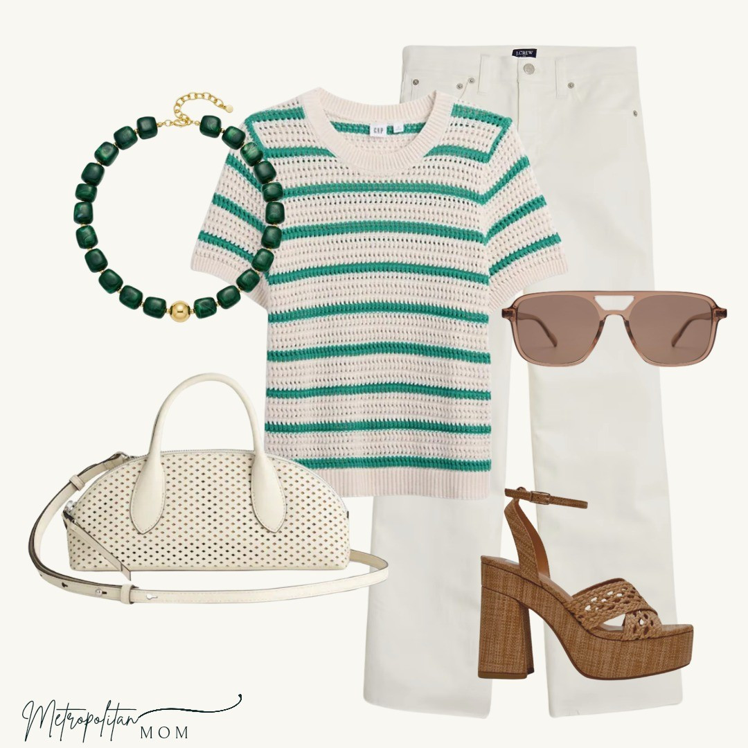 When basics meet the right accessories Elevated everyday look with white cropped wide-leg denim and a striped crochet short sleeve top. Styled with platform sandals, latte-toned sunglasses, a green beaded necklace, and a structured white top-handle bag from Madewell.Neutral base with playful, modern accessories.

#LTKSeasonal #LTKWorkwear #LTKootd