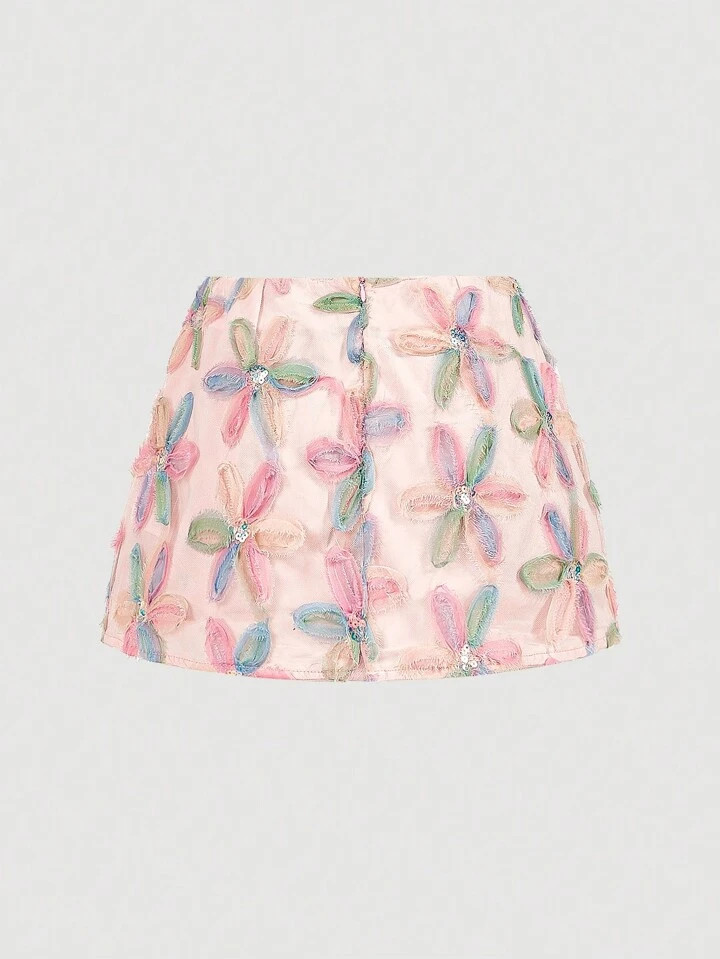 Aveloria Rosie Elegant Luxe MiuMiu Style Colorful Floral 3D Net Fabric Low Waist Super Mini Skirt For Women Holiday Party Clothes  | SHEIN