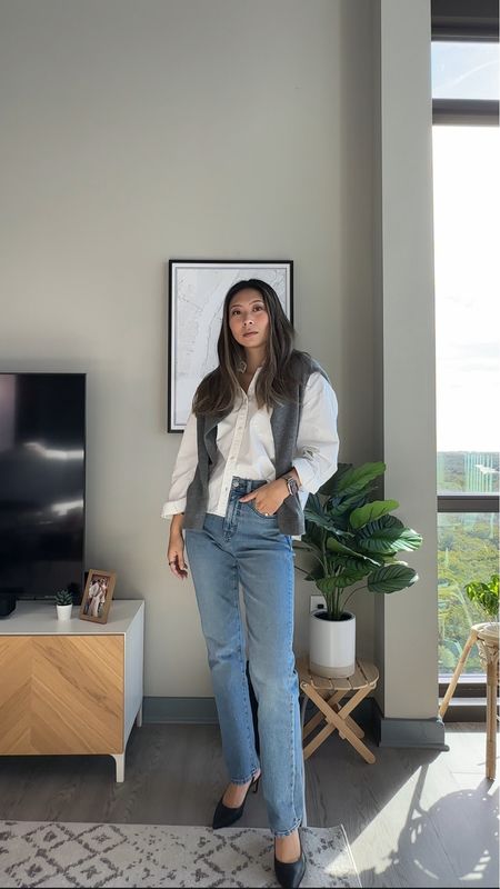 Casual chic outfit idea // gray cashmere sweater, white button up, straight leg jeans, black sling back heels // everyday outfit, French style, Parisian chic

#LTKstyletip #LTKfindsunder100 #LTKfindsunder50