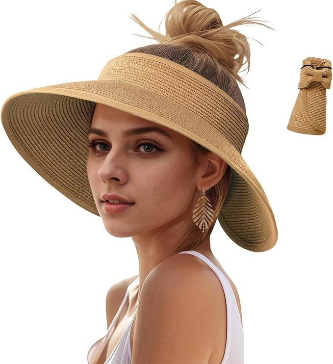 Sun Hats Visor for Women, UV UPF Straw Beach Hat Foldable Wide Brim Ponytail Summer Hats Packable... | Amazon (US)