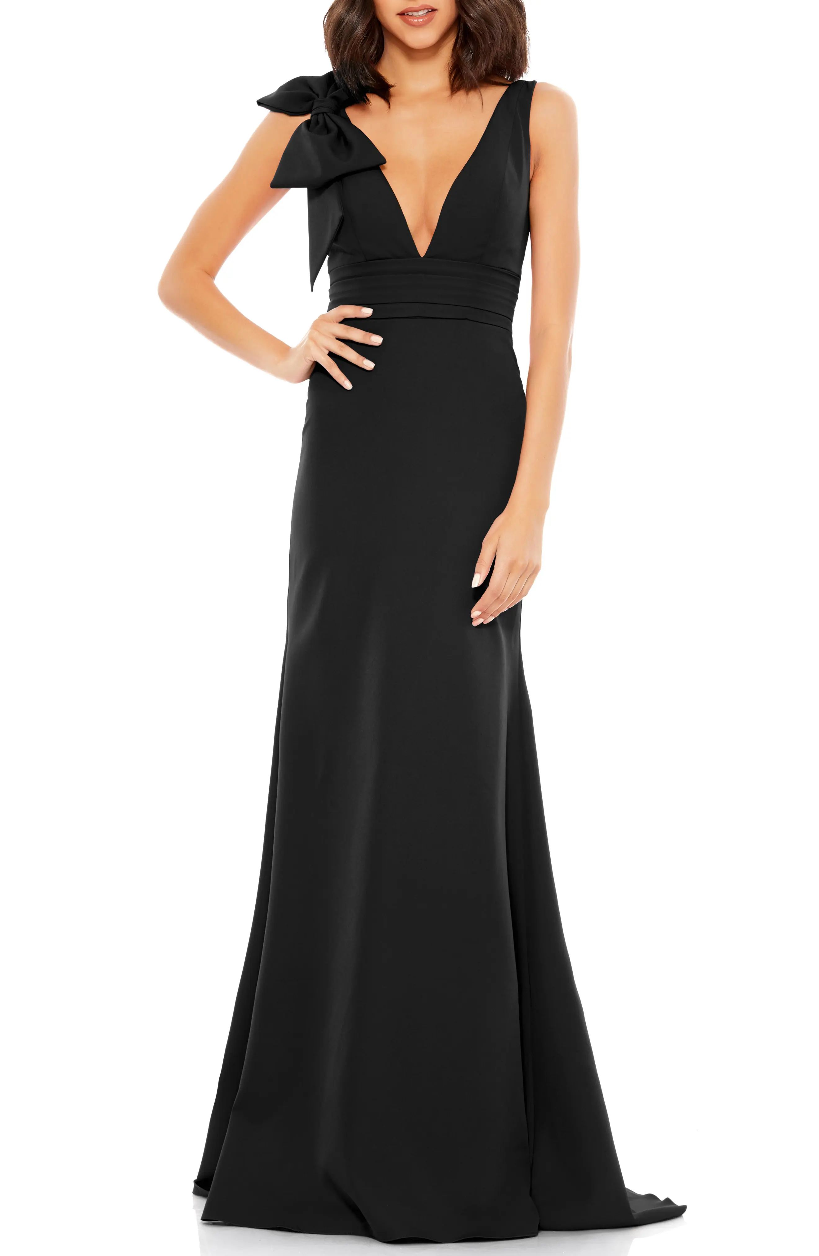 Mac Duggal Bow Shoulder V-Neck Gown in Black at Nordstrom, Size 12 | Nordstrom